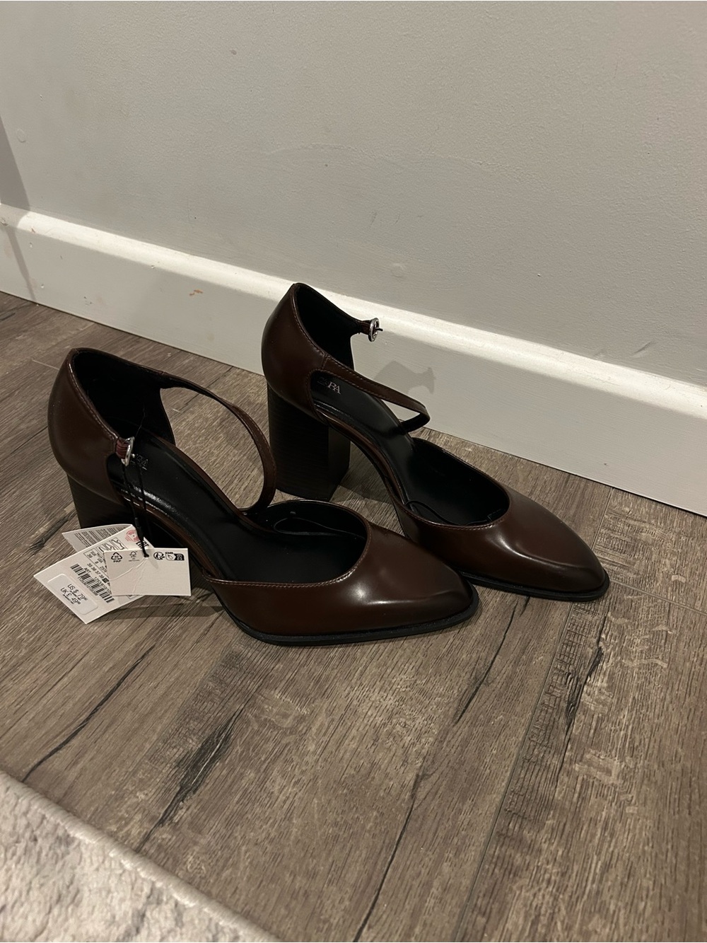 Zara Dark Brown Pointed Block Heel Pumps with Ankle Strap
